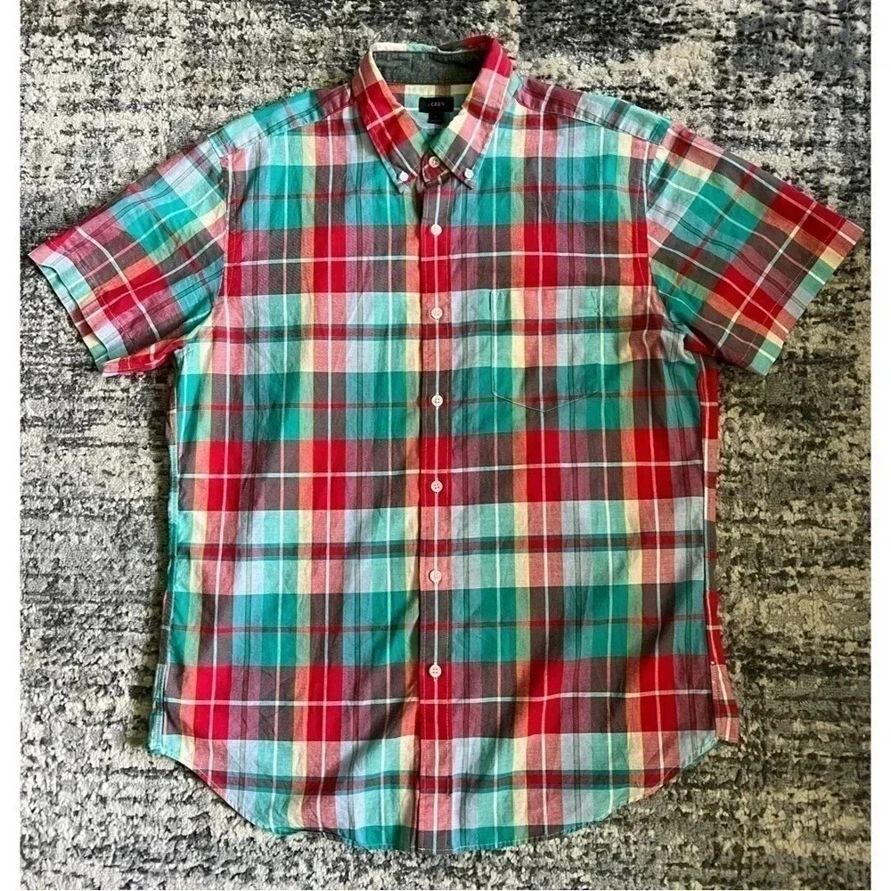 J Crew Colorful Red Teal White Casual Shirt Button Down Short Sleeve Plaid Large